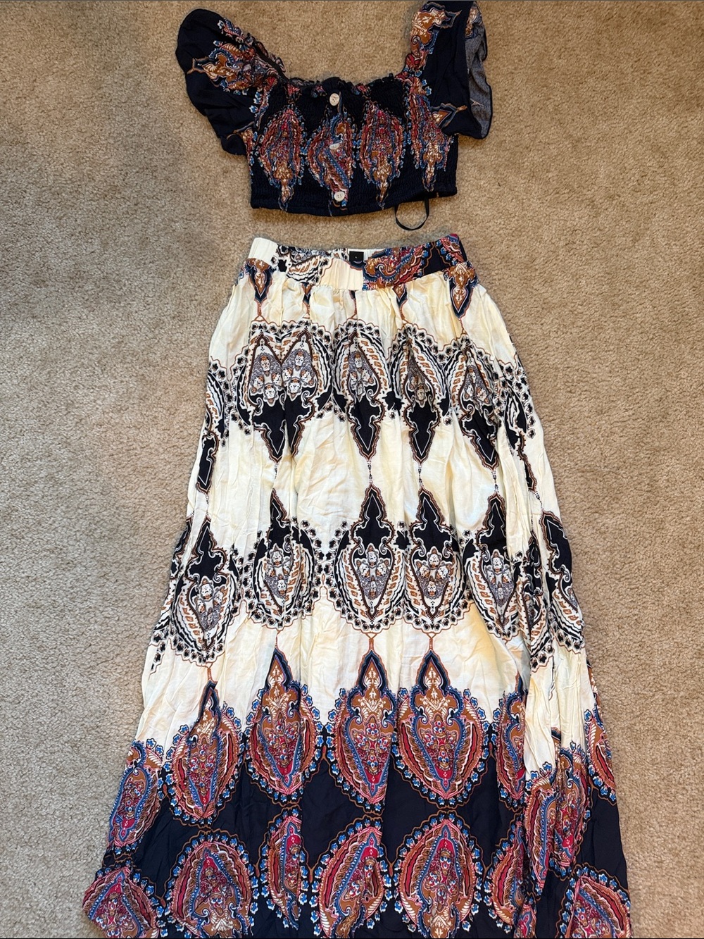 Bohemian Paisley Maxi Skirt - Cream & Navy